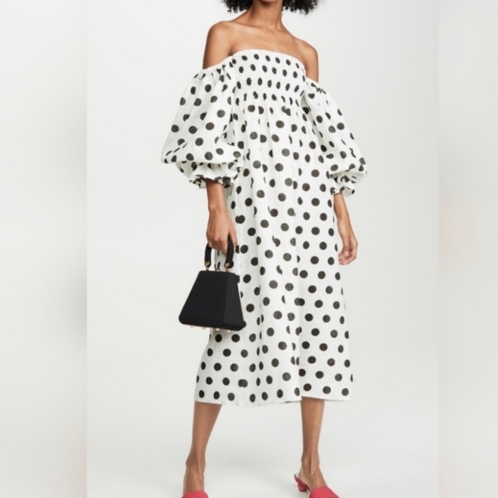 Daily Sleeper White Off-Shoulder Polka Dot Midi Dress